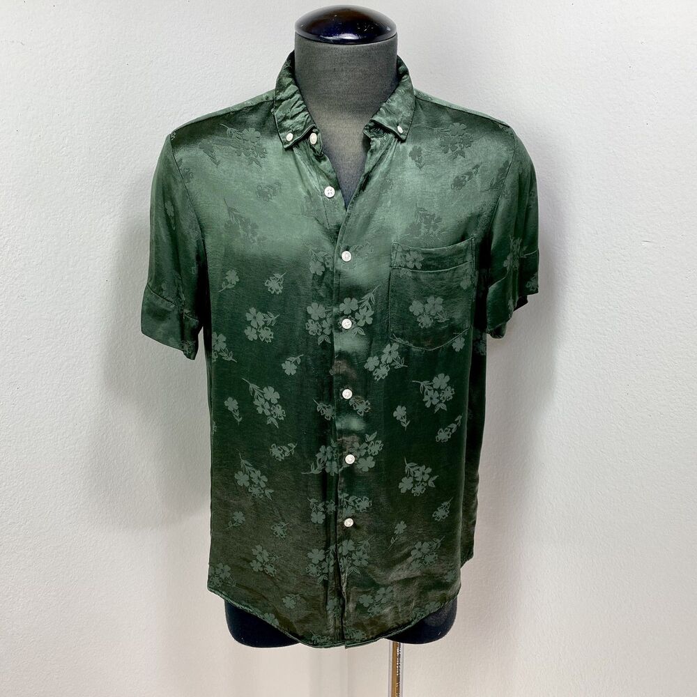 Asos Green Satin Shirt XL 42-44" Button Down Short Sleeves Floral Print Pocket